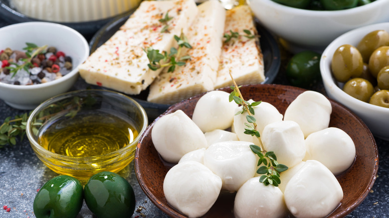 Mozzarella pearls and seasoned feta cheese