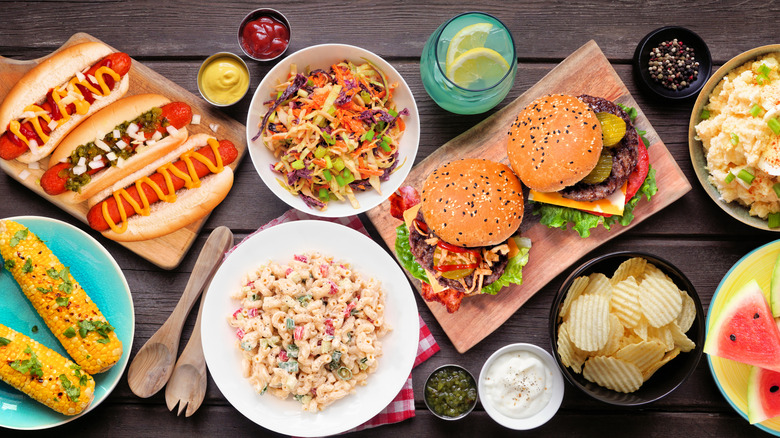 An array of Memorial Day cookout foods displayed on a table