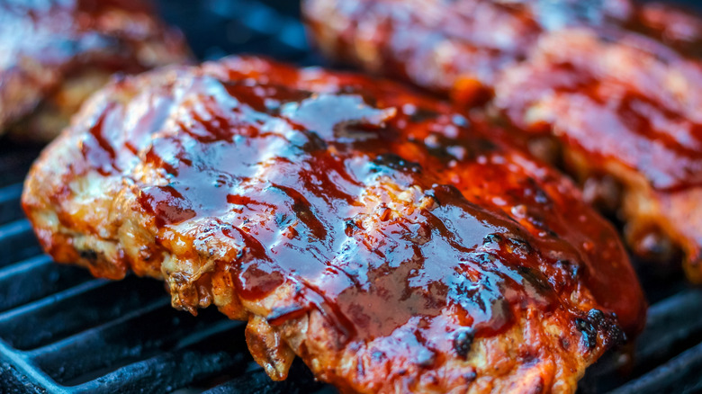 Closeup of barbecue ribs on the grill