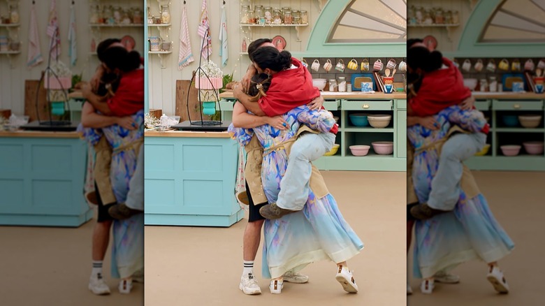 Three Great British Bake Off finalists hugging
