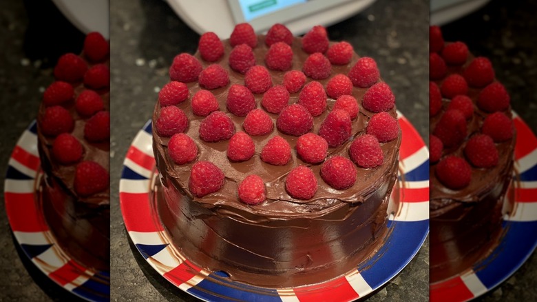 a homemade chocolate cake with raspberries on top