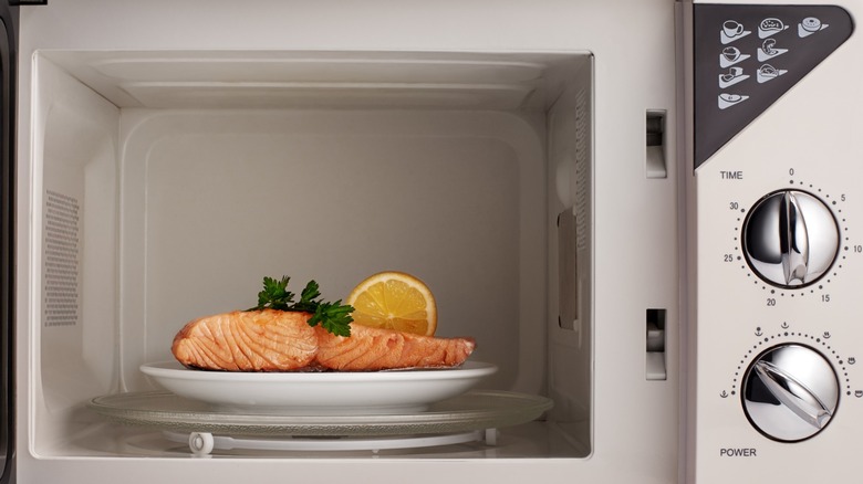 Salmon cooked in a microwave