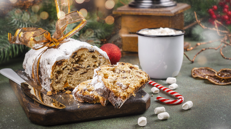 stollen with a cup of hot chocolate