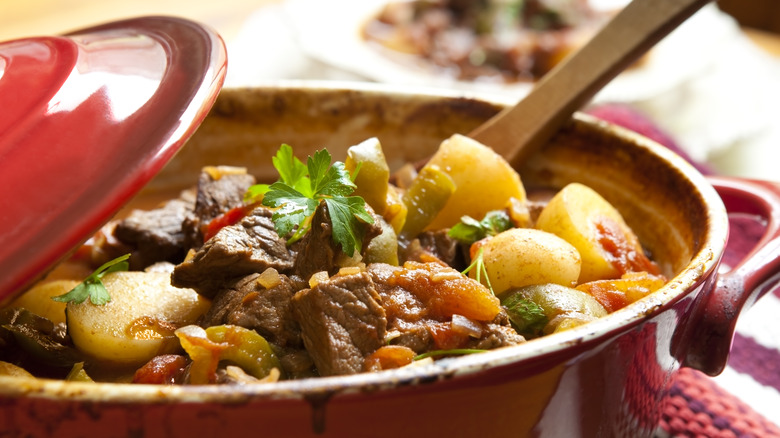 beef stew in a red pot