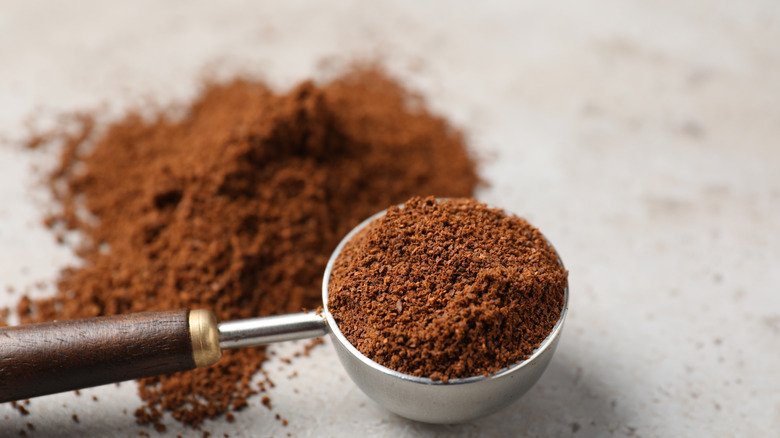 A spoonful of coffee grounds on a pale table top next to a pile of additional grounds
