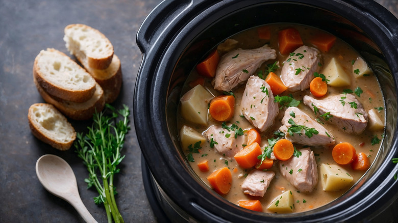 slow cooker chicken stew overhead view