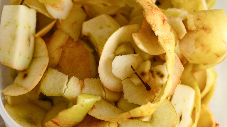 a pile of apple peels and cores in a bowl