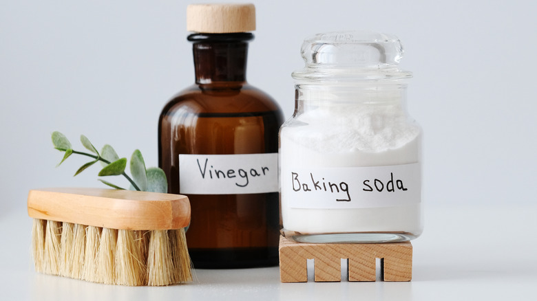 Containers labeled baking soda and vinegar on a kitchen counter