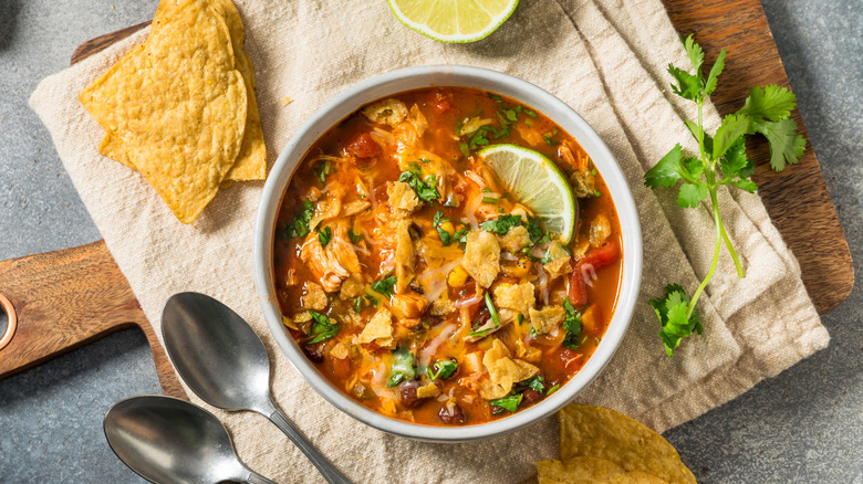 A bowl of chicken tortilla soup