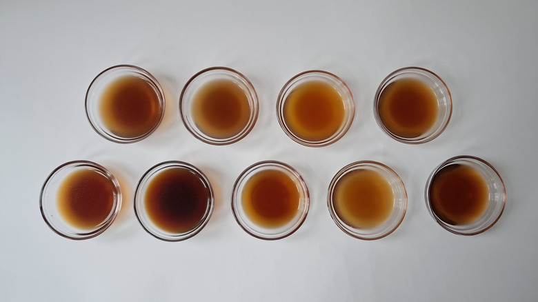 Nine bowls of beef stock