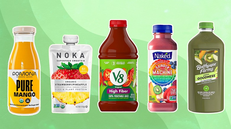 Five store-bought juices against a green background