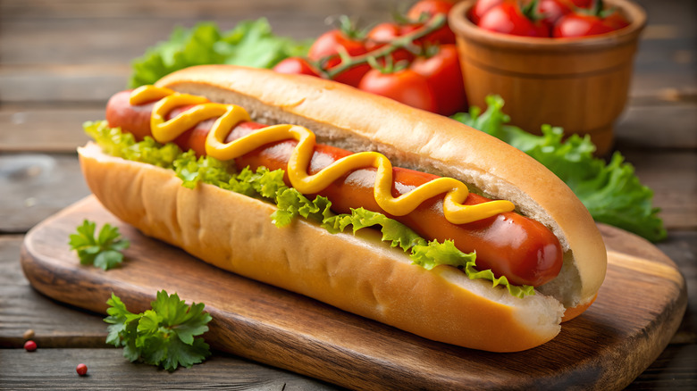 hot dog with mustard and lettuce