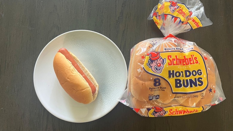 Schwebel's Hot Dog Bun bag with one hot dog on plate