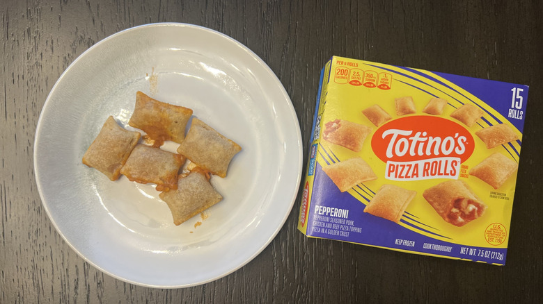 Totino's pepperoni pizza rolls on a plate.