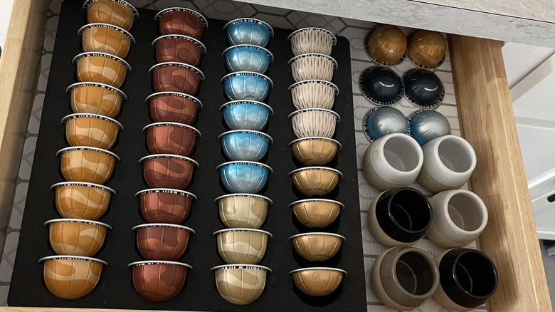 Nespresso pods in a drawer