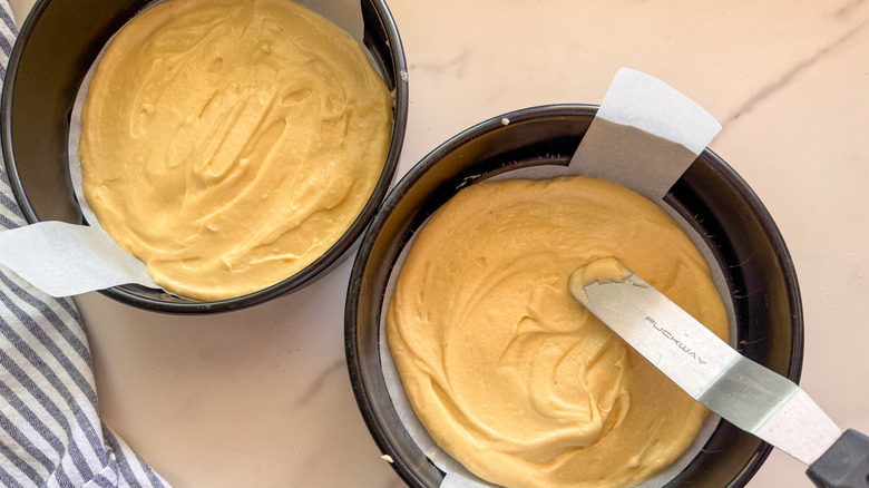 batter in cake pans