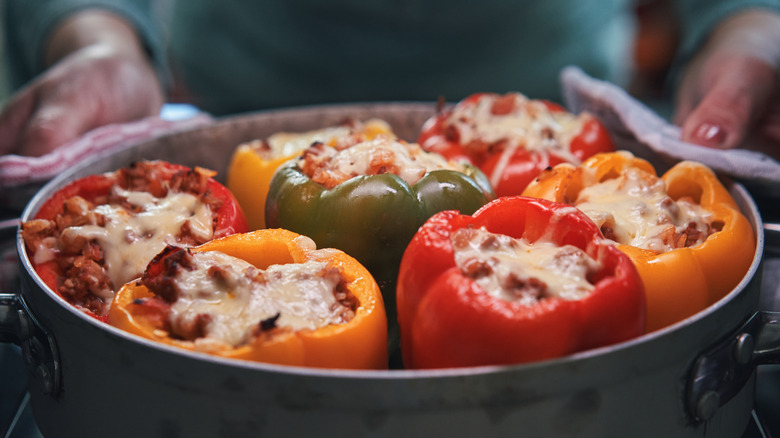 stuffed peppers in cooking pot