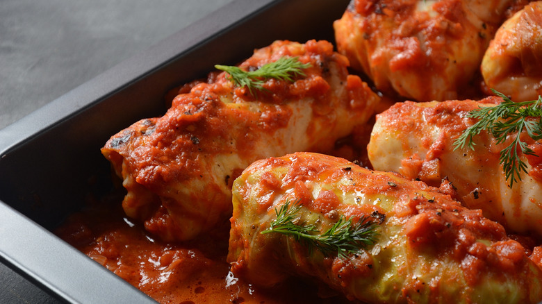 dish of baked cabbage rolls