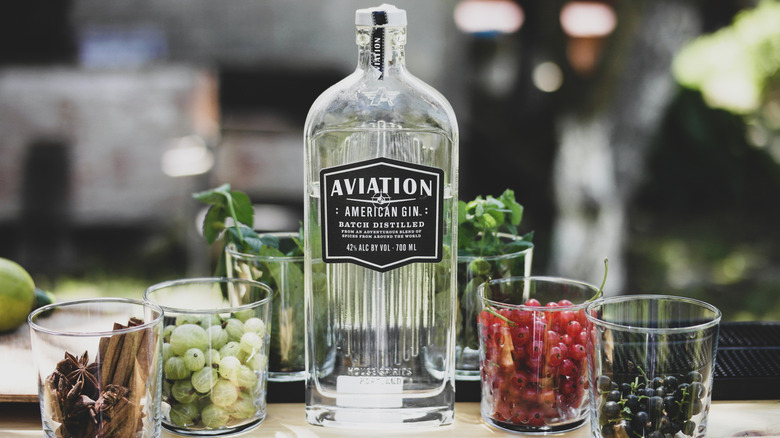 Bottle of Aviation gin alongside glasses full of garnishes.