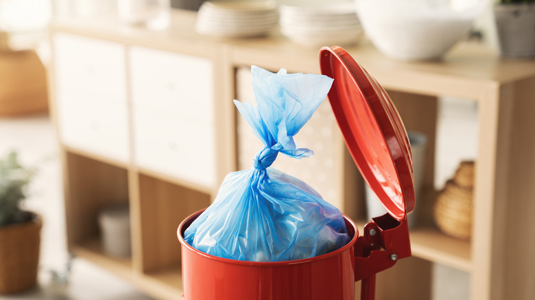 Full garbage bag tied off in a kitchen trash can