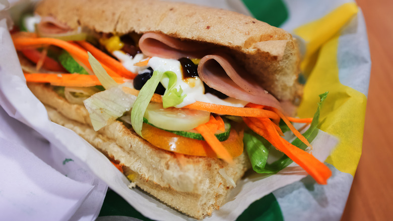 close up of Subway sandwich with ham and salad