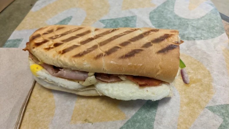 Subway breakfast sandwich on open packaging