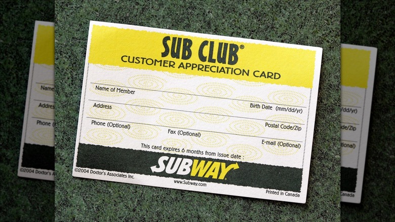 A paper Sub Club membership card from sandwich chain Subway