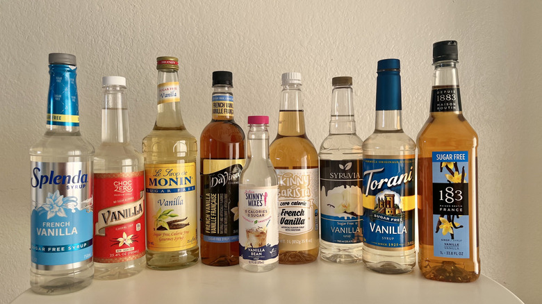 various sugar free vanilla syrups on a table