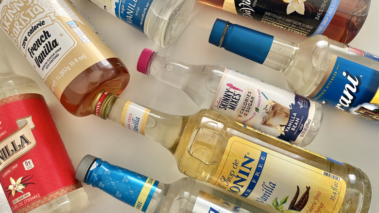 different bottles of sugar free vanilla syrup on a table
