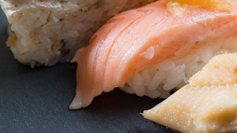 saba and salmon nigiri pieces