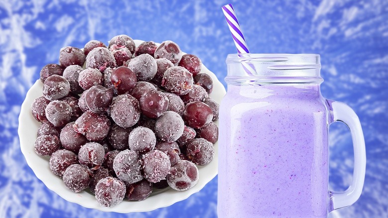 A bowl of frozen grapes and a purple smoothie