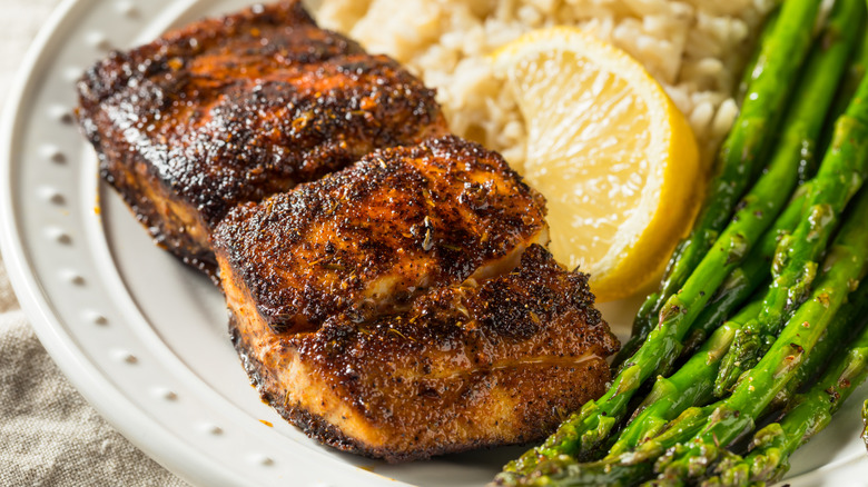 Blackened white fish with asparagus