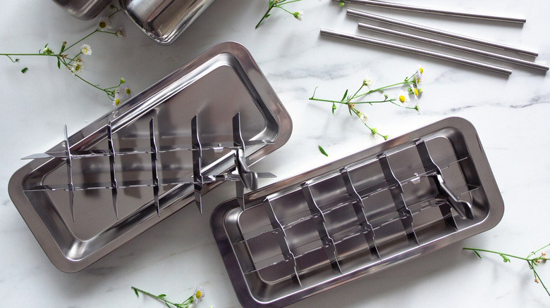 steel ice cube trays with flowers on marbled background