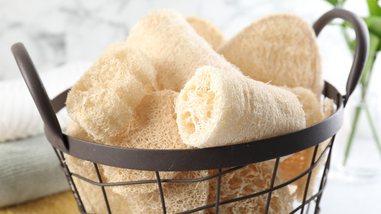 Different loofah sponges in basket and towels on table
