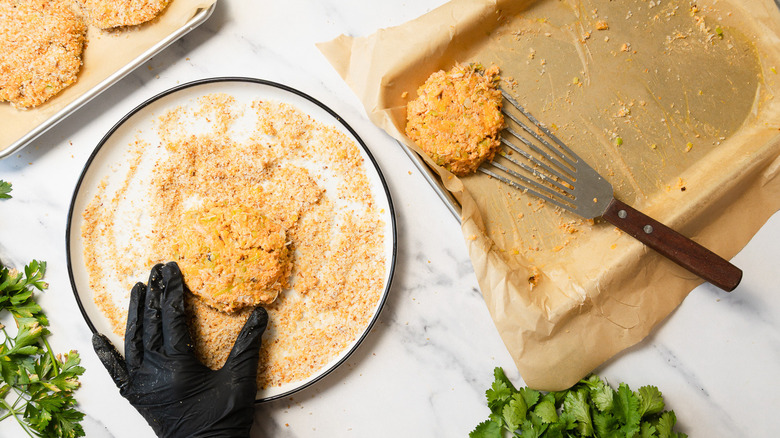 Coating patties in breadcrumbs