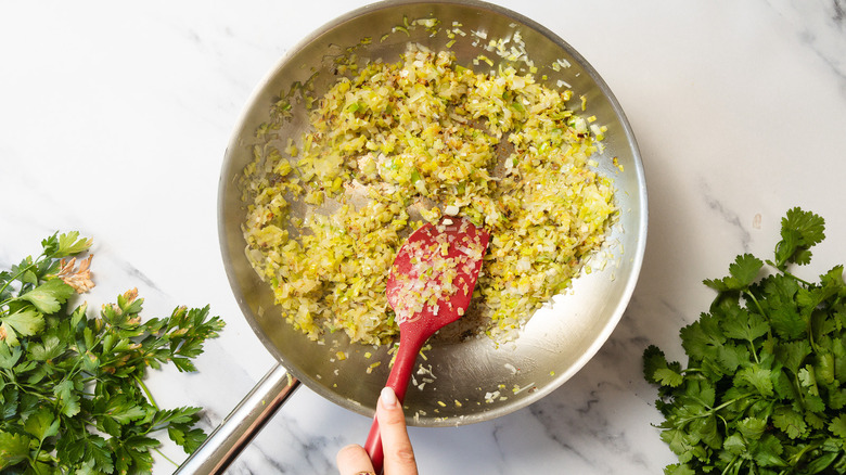 Diced leeks and garlic in pan