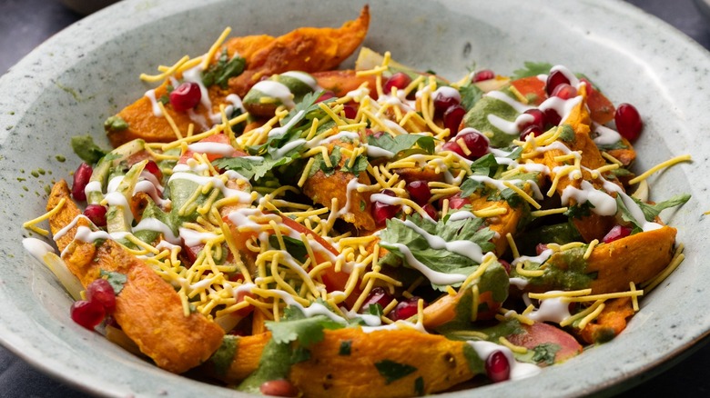 sweet potato chaat with pomegranate and chickpea noodles