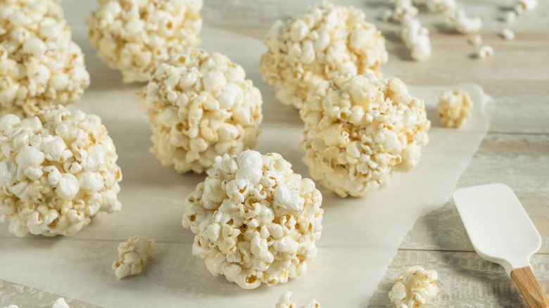 Holiday popcorn balls made with sweetened condensed milk