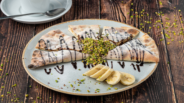 pita bread french toast with chocolate banana and pistachio
