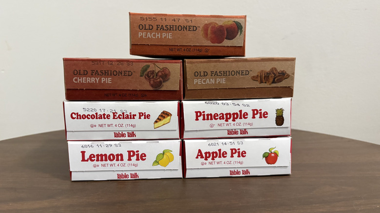 Assorted boxes of Table Talk snack pies on a wooden table