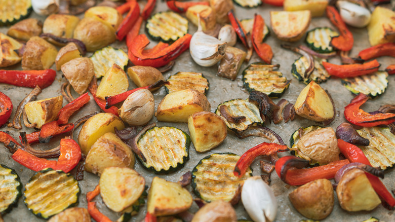 Oven-roasted veggies on a sheet pan tray