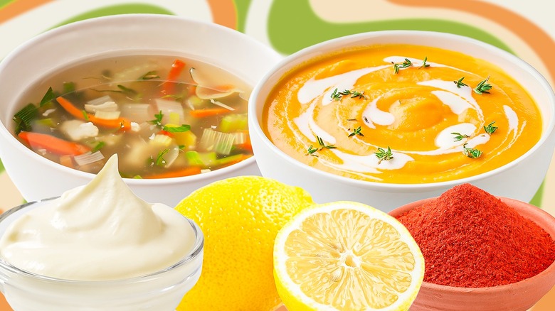 Three bowls of soup with various garnishes