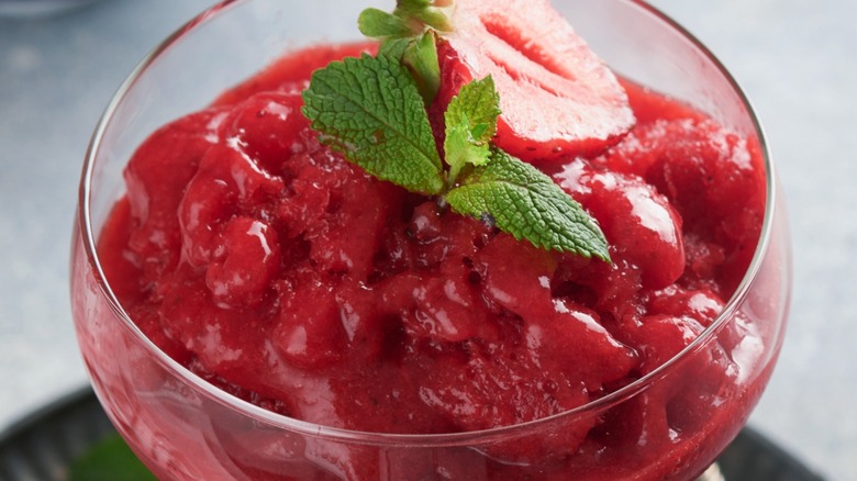 Close-up of a dish of red berry sorbet garnished with mint