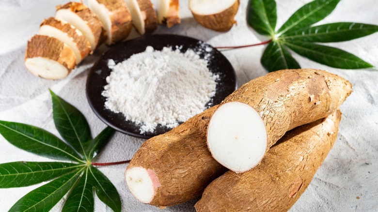 Cassava flour and roots 