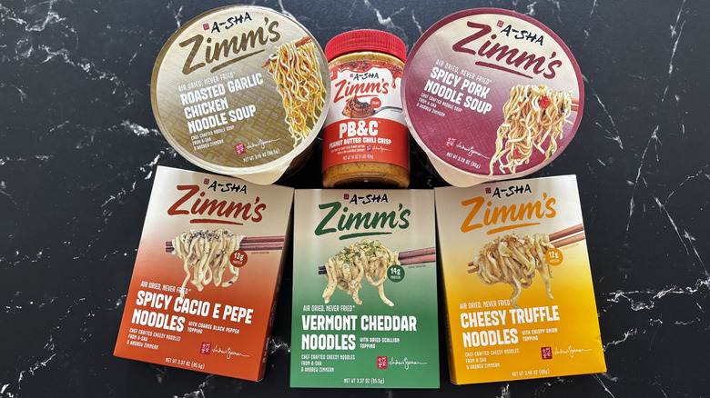 Various A-Sha/Zimm's noodle products on countertop
