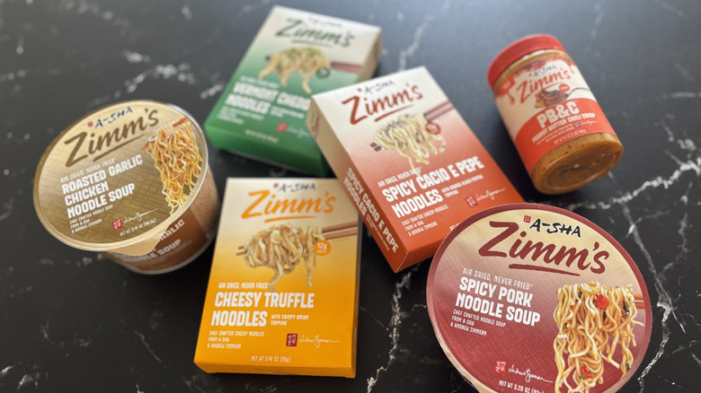 Various A-Sha/Zimm's noodle products on countertop