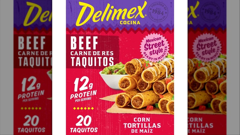 Delimex Beef Corn Taquitos box on white background