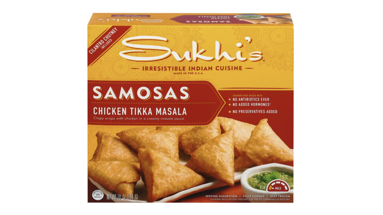 Sukhi's Chicken Tikka Masala Samosas box on white background