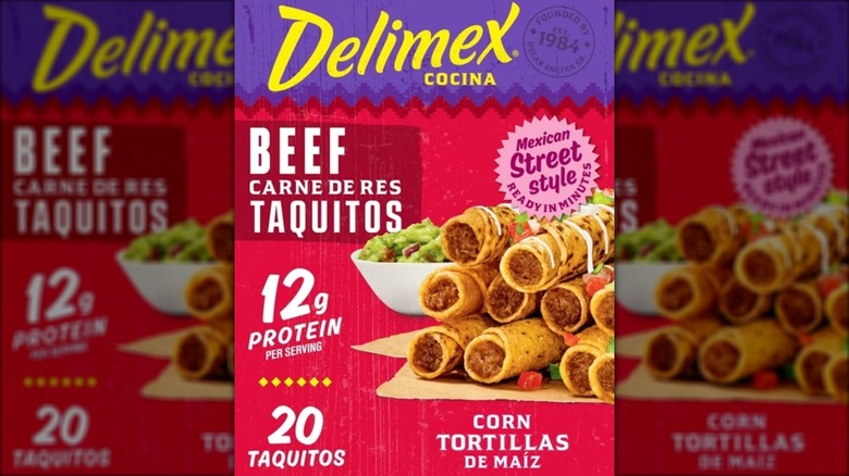 Box of Delimex beef carne de res taquitos frozen snacks