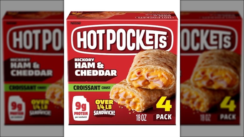 Box of Hot Pockets croissant crust ham & cheddar frozen snacks